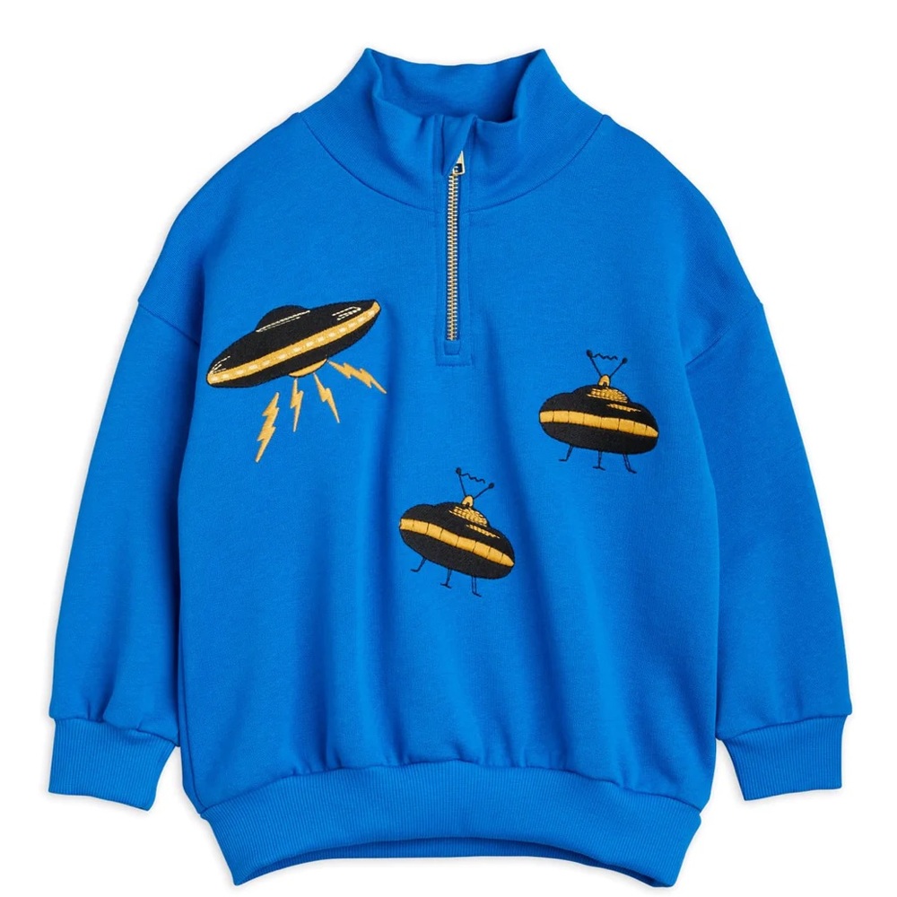 Mini Rodini | Embroidered UFO Half Zip Sweatshirt | Blue | Size 3-5 years